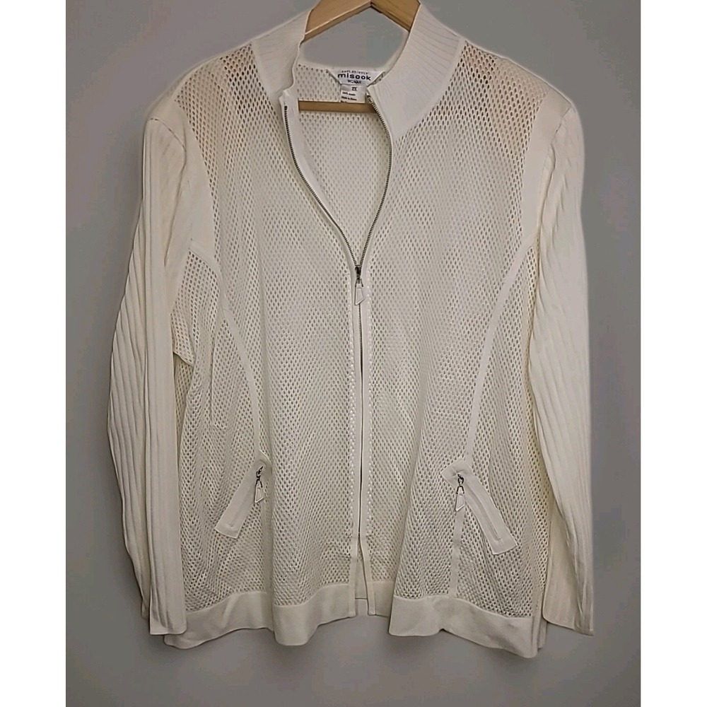 Misook Zip Front Knit Jacket Plus Size 2X Ivory Fishnet‎ Knit Activewear Resort